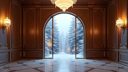 Luxury Interior Room with Arched Door and Snowy Forest View