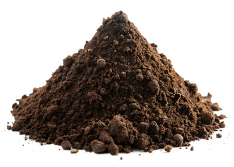 Loose pile of dark brown soil with visible clumps and texture isolated on a transparent background dirt
