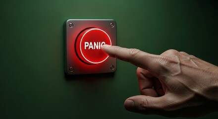 Hitting the Panic Button. Hand and Finger Reaching out and Pressing a Red Button with the words 'Panic Button' on it in white.