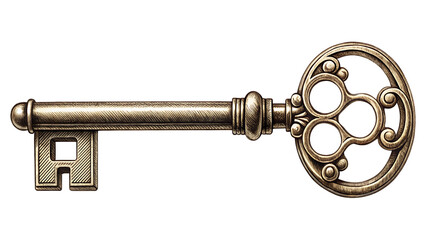 Ornate antique brass skeleton key with detailed bit and bow on black isolated on a transparent background