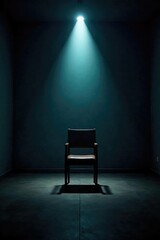 A dimly lit room, single spotlight on an empty chair, suggesting a recent intense interrogation A sense of unease and pressure hangs heavy in the air , psychological, clues, investigation scene