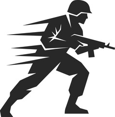Logo of a soldier going forward or attacking with an assault rifle in his hands, silhouette of a soldier in black..