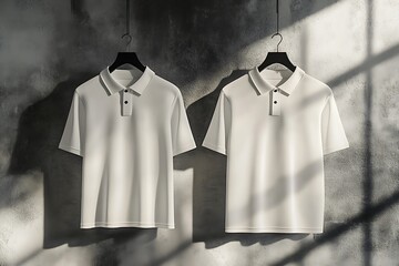 Two stylish white polo shirts displayed against a textured gray wall with subtle shadows enhancing the garments