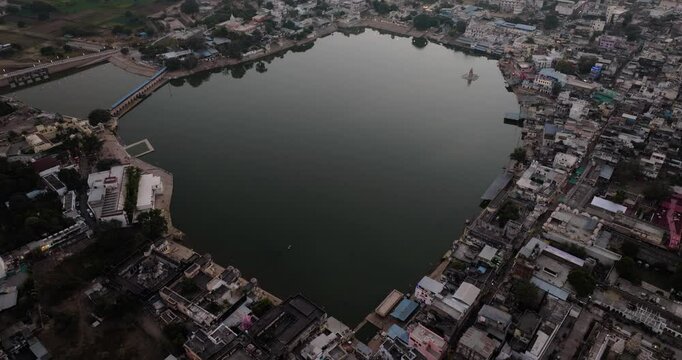 Aerial view of Pushkar Lake and ghats, India.