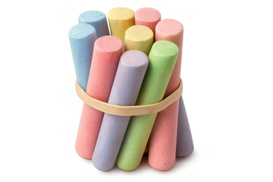 Multicolored art chalks bundled with rubber band, arranged neatly against transparent backdrop for classroom or creative expression