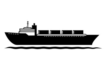 Obraz premium Cargo Ship Silhouette Vector Icon on Ocean Waves