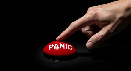 Hitting the Panic Button. Hand and Finger Reaching out and Pressing a Red Button with the words 'Panic Button' on it in white.