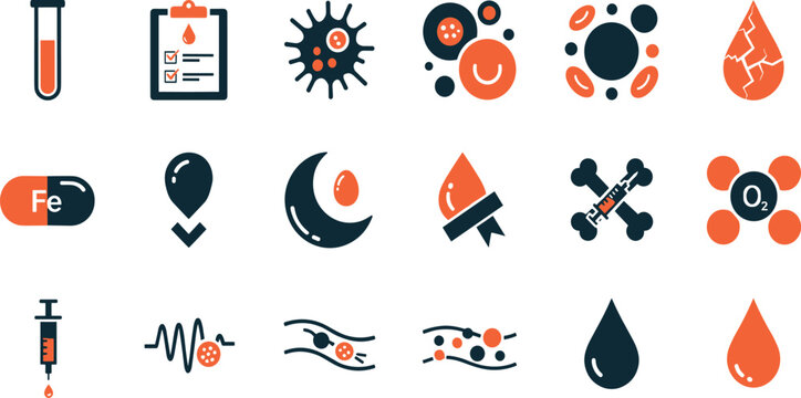 Anemia and blood disorder line icon set. Vector pictograms of test, droplet, supplement, ribbon, awareness, centrifuge, bone, marrow, plasma, transfusion, lab sample, thin linear illustration