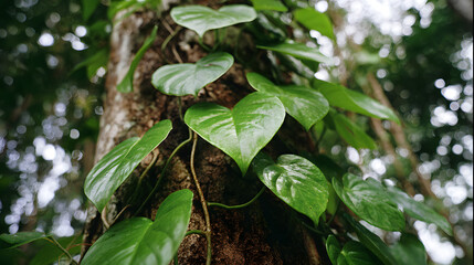 Green leaves of native Monstera (Epipremnum pinnatum) liana plant growing in wild climbing on jungle tree, tropical forest plant evergreen vines bush
