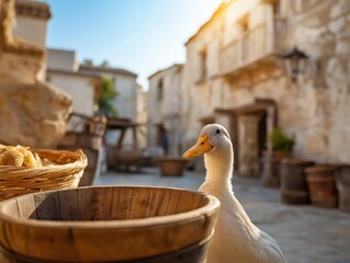 White duck standing beside wooden basket in rustic homestead garden, surrounded by stone buildings and warm sunlight, creating a serene countryside atmosphere