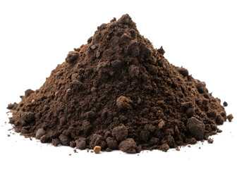 Pile of dark brown soil with visible clumps and fine particles isolated on a transparent background dirt