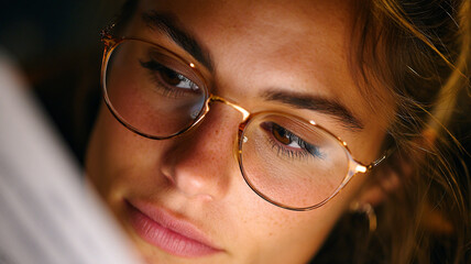 a student with glasses writes.