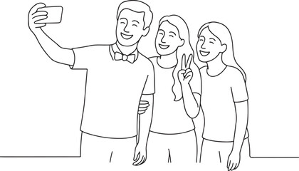 Group of Happy Young Friends Taking Selfie Line Art on White