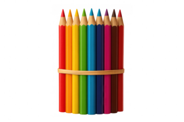Group of colorful pencils tied with rubber band, isolated on transparent background, representing creativity and art supplies