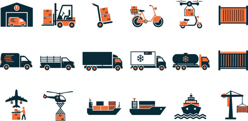 Commercial vehicles line icon set. Vector pictograms of container, pallet, forklift, plane, drone, helicopter, ship, train, cargo truck, warehouse, thin linear illustration.