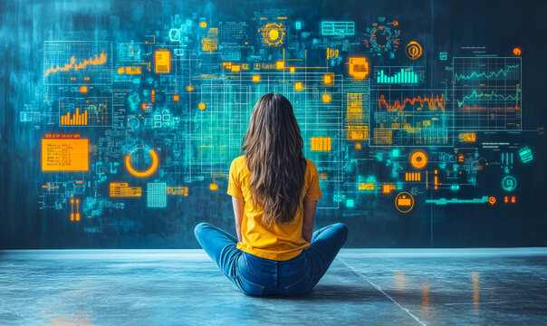 Young woman sitting cross legged facing futuristic digital data visualization interface with graphs charts and analytics in virtual technology environment illuminated in blue and orange lights - Powered by Adobe