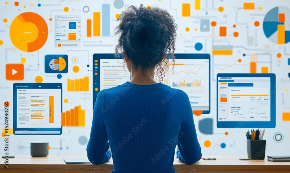 Poster data analyst woman working with multiple computer screens showing charts, graphs, and reports for da