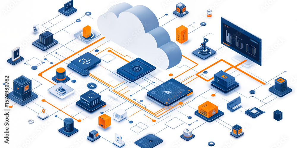 Poster isometric illustration of cloud computing network with interconnected servers, data storage devices,