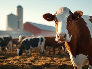 Brown and white cow stands in a sunlit pasture, surrounded by grazing herd, with rustic barn and silos in the background, capturing serene farm life essence
