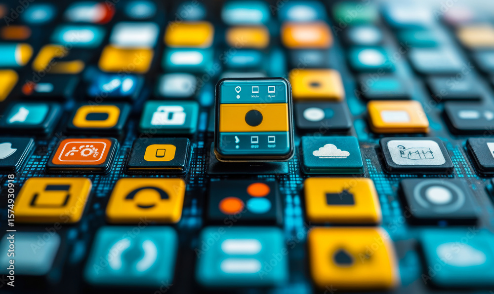 Poster close-up of colorful illuminated digital interface buttons with technology and communication icons o
