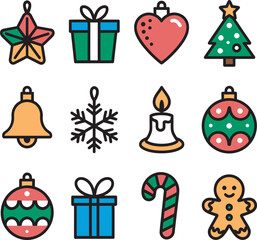 Colorful Christmas Ornament Icon Set Flat Style Holiday Illustrations, Christmas icons set