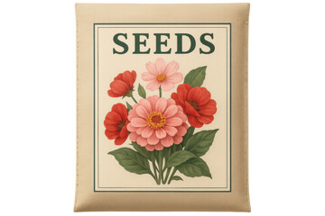Vintage seed packet displaying vibrant pink and red zinnias against transparent backdrop, capturing classic gardening aesthetic