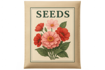 Vintage seed packet displaying vibrant pink and red zinnias against transparent backdrop, capturing classic gardening aesthetic
