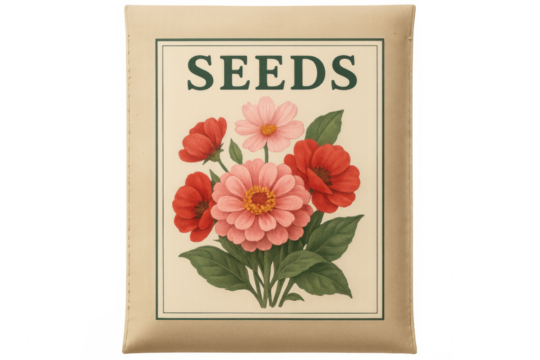 Vintage seed packet displaying vibrant pink and red zinnias against transparent backdrop, capturing classic gardening aesthetic