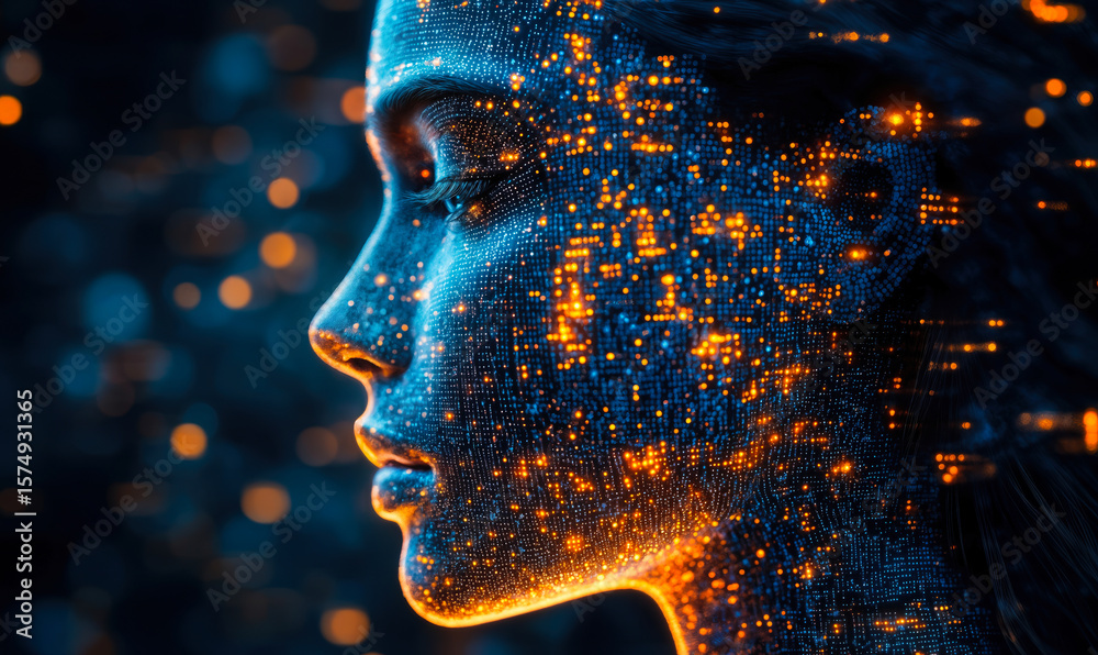 Poster digital human face composed of glowing blue and orange data points and circuits representing artific