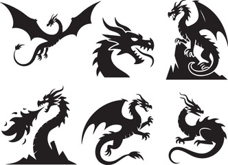 Six Different Dragon Silhouettes Fantasy Mythology Illustrations For Graphic Design Projects Vector Art Black On White Background