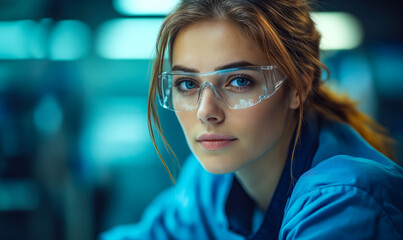 Obraz premium Focused young female engineer wearing safety glasses in industrial setting with blue lighting and modern technology background