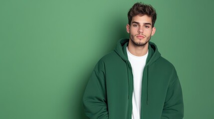 Young man in a green hoodie against a green background.  Stylish casual portrait