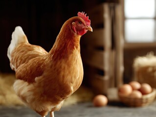 Brown hen standing proudly in a rustic barn, surrounded by straw and wooden crates, with fresh eggs nestled in a basket nearby, showcasing homestead life and farm atmosphere