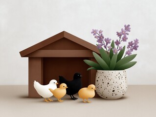 Colorful illustration of cute chicks in front of a wooden coop, surrounded by vibrant flowers in a decorative pot, creating a charming homestead garden atmosphere