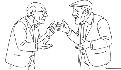 Two Old Men Engaged in Lively Discussion Line Drawing on White