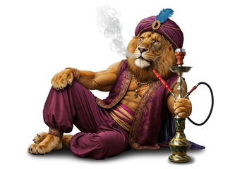 Sultan of the Savanna: Majestic Lion Dressed in Regal Middle Eastern Attire, Smoking a Hookah with a Relaxed Expression, Symbolizing Luxury, Exoticism, and Whimsy.