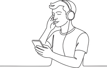 Young Man Listening to Music on Phone Headphones Line Art on White