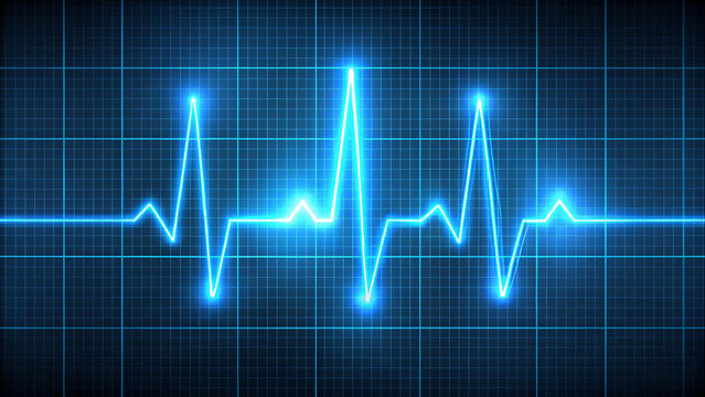 Glowing ECG Heartbeat Line on Grid Background,Glowing blue ECG heart rate monitor graph on digital grid background, medical and health technology concept