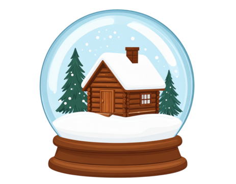snow globe with tiny cabin and snow, cozy illustration, transparent background