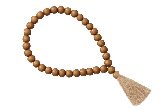 Oval wooden prayer beads with hanging tassel, symbolizing meditation and spiritual contemplation against transparent backdrop