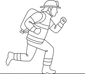 Running Firefighter Emergency Hero Line Drawing on White Background