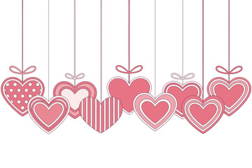 A collection of hanging decorative pink hearts with various patterns on a white background design element