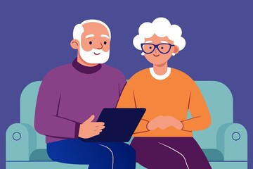 Senior couple using tablet computer together while sitting on sofa indoors