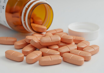 Prescription Medicine Pills Spilled from Bottle,
Close-up of orange prescription tablets spilling from amber pill bottle with white cap on white background
