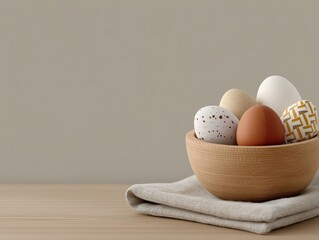 Wooden bowl filled with assorted decorative eggs in various colors and patterns, resting on a soft cloth, creating a warm and inviting homestead-style atmosphere
