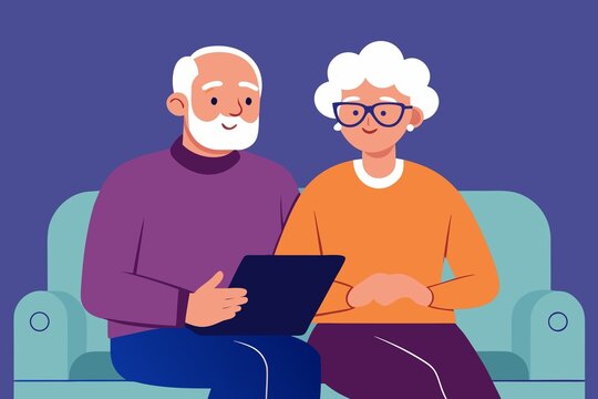 Senior couple using tablet computer together while sitting on sofa indoors