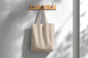 Tote Bag Mockup Hanging on Wall Hook with Shadow