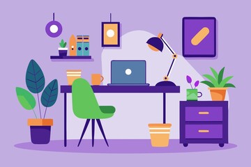 Colorful Home Office Illustration with Desk Laptop Chair and Plants