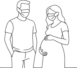 Standing Man with Pregnant Woman Wearing Face Mask Line Drawing on White