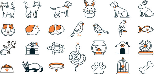 Pets line icon set. Vector pictograms of cat, dog, rabbit, fish, bird, lizard, domestic animals thin linear illustration.